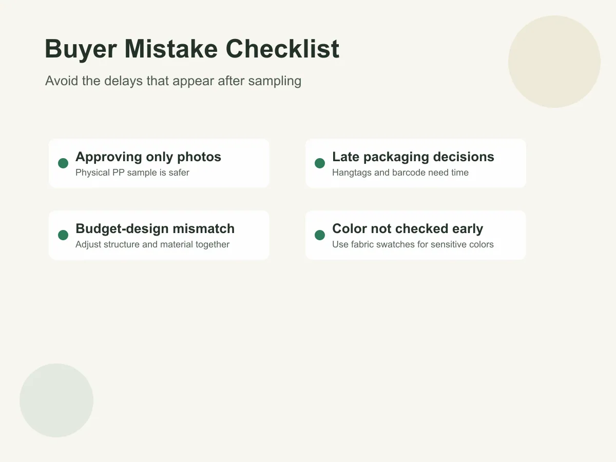 Private label tote buyer mistakes checklist for sample approval packaging budget and color control