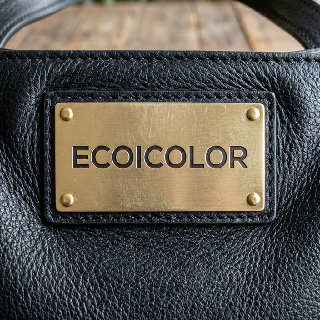 Metal nameplate logo trim for structured custom tote bags