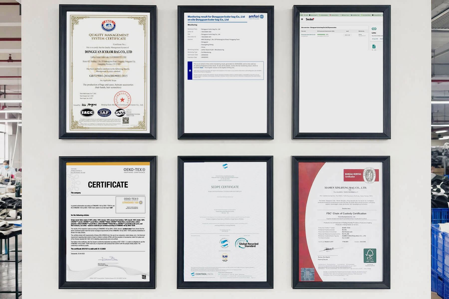 GRS, BSCI, OEKO-TEX, Sedex, and ISO 9001 certifications displayed at Ecoicolortote facility