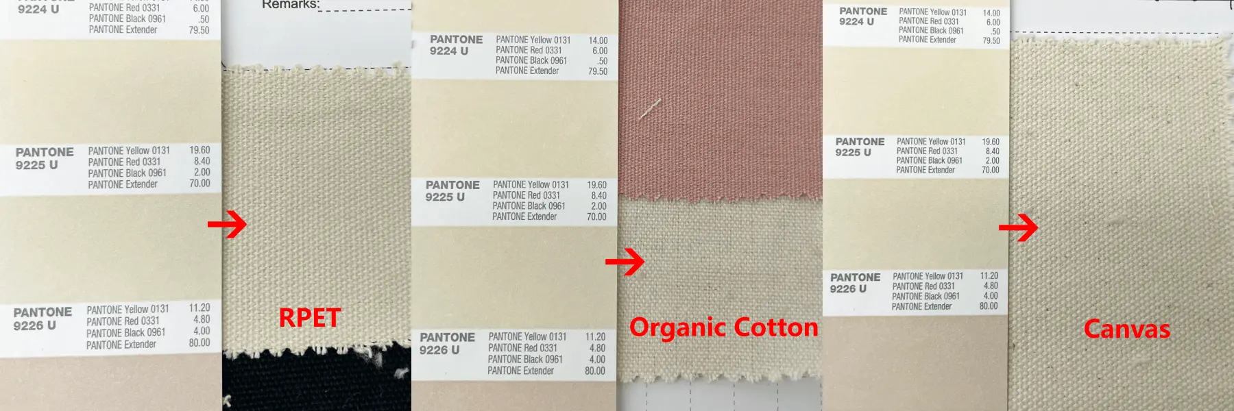 Pantone color differences compared on canvas and other tote materials