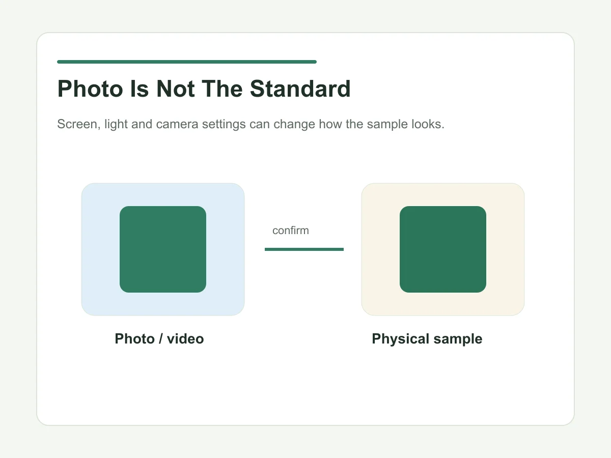 Photo versus physical sample color risk for organic cotton tote bag approval