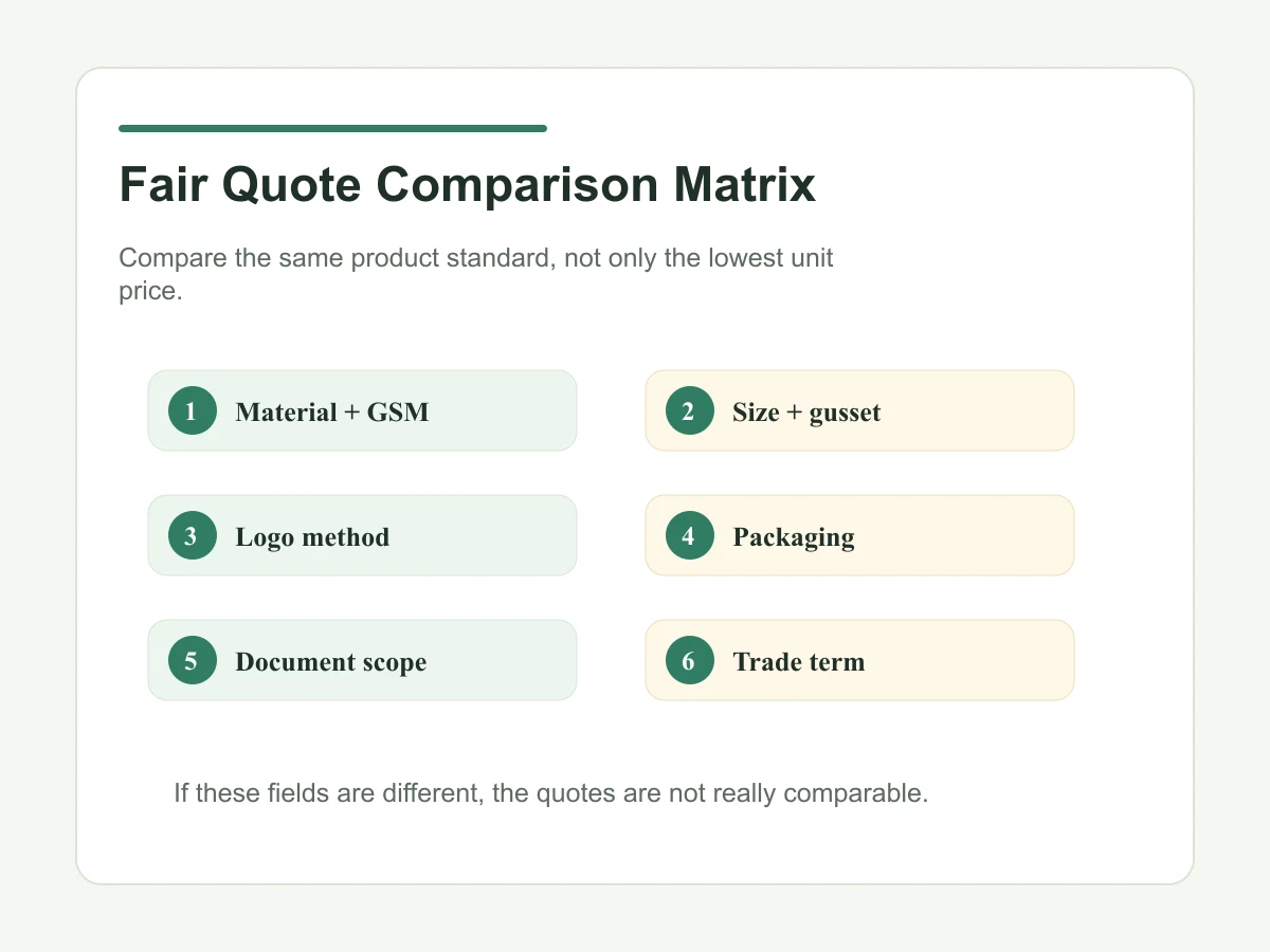 Fair custom tote bag quote comparison matrix