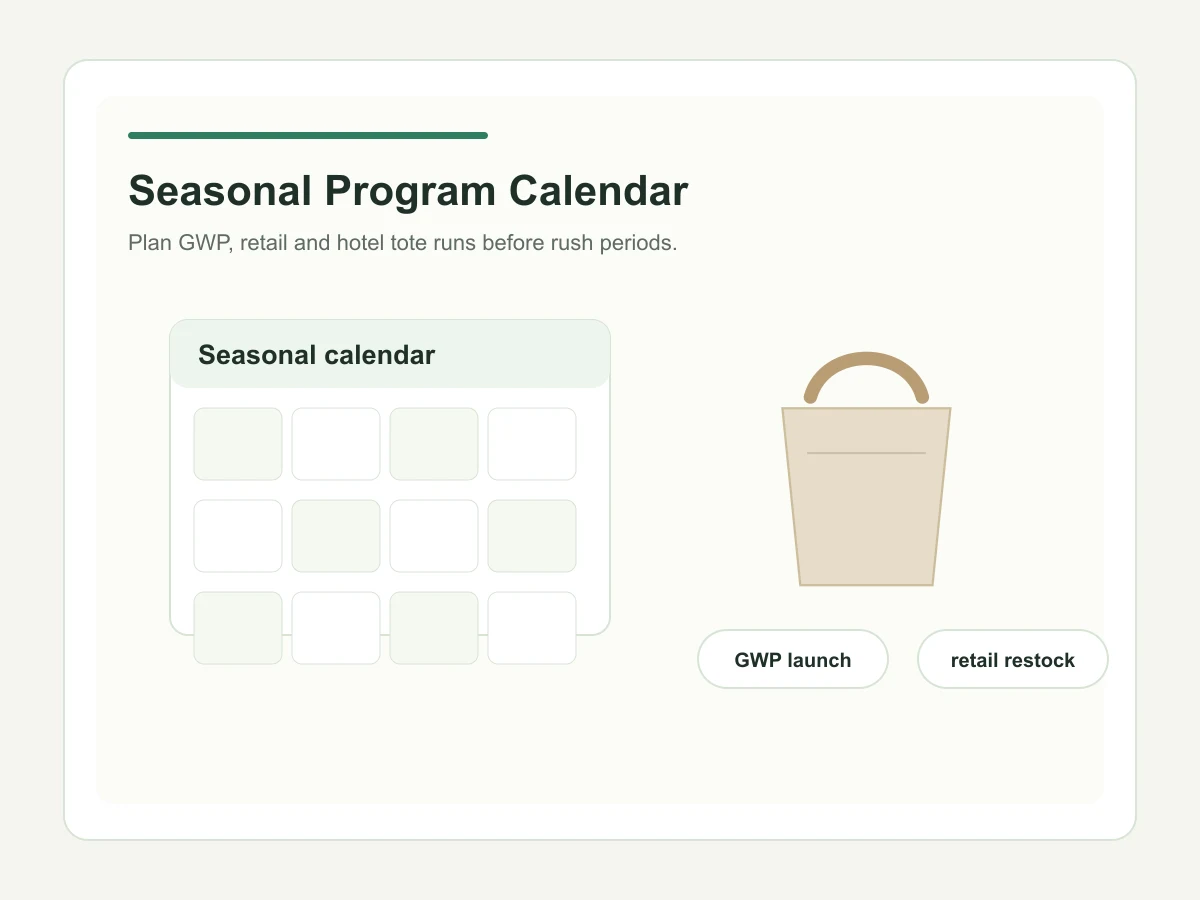 Seasonal custom tote bag program calendar for brand buyers