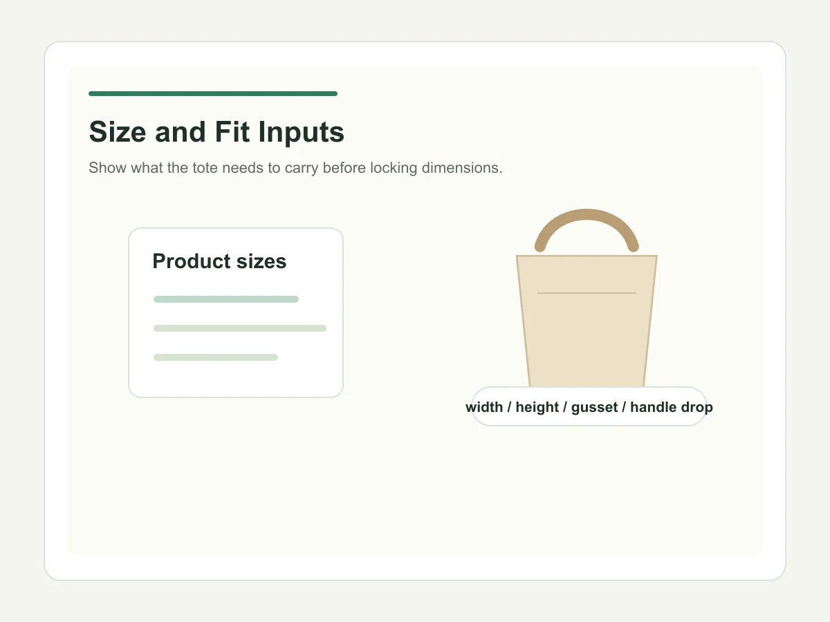 Custom tote bag size and product fit information for RFQ