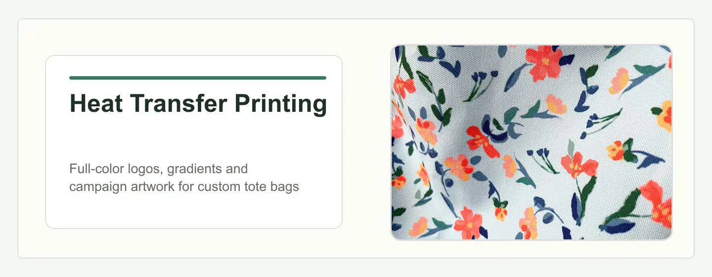 Heat transfer printing for custom tote bags with full color campaign artwork
