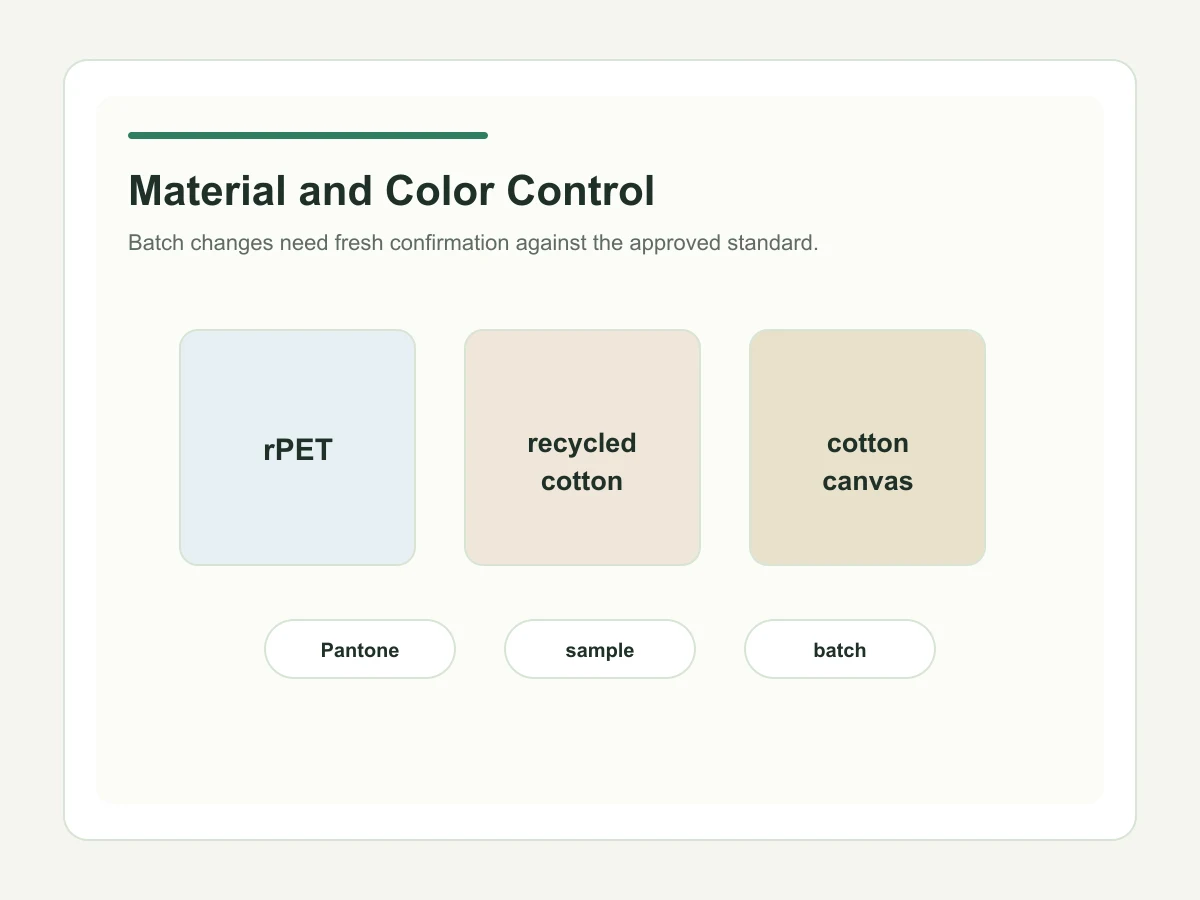 Material color and batch control for custom tote bag reorders