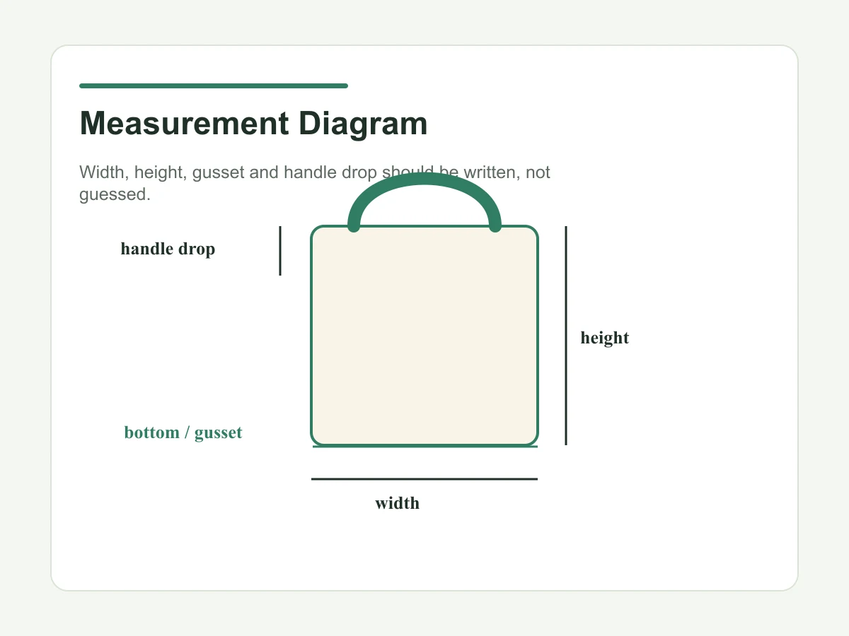 Custom tote bag measurement diagram for tech pack