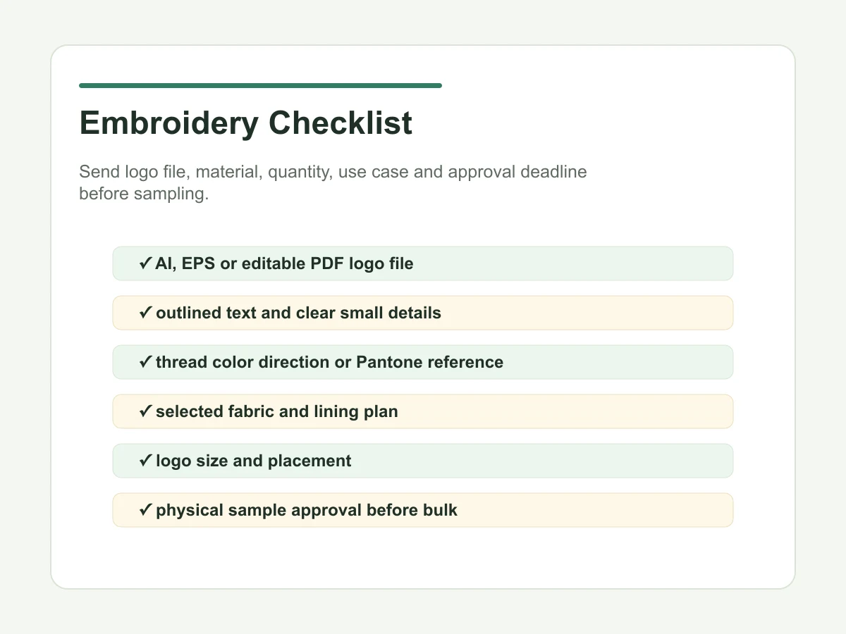 Embroidery logo checklist before custom tote bag sampling