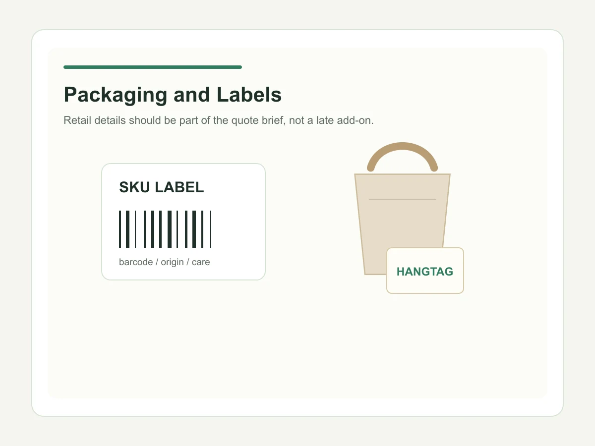 Custom tote bag packaging labels barcode and hangtag requirements for RFQ