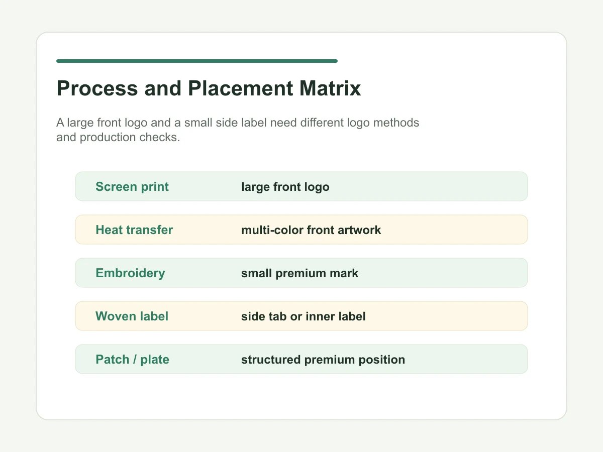 Logo process and placement matrix for custom tote bags