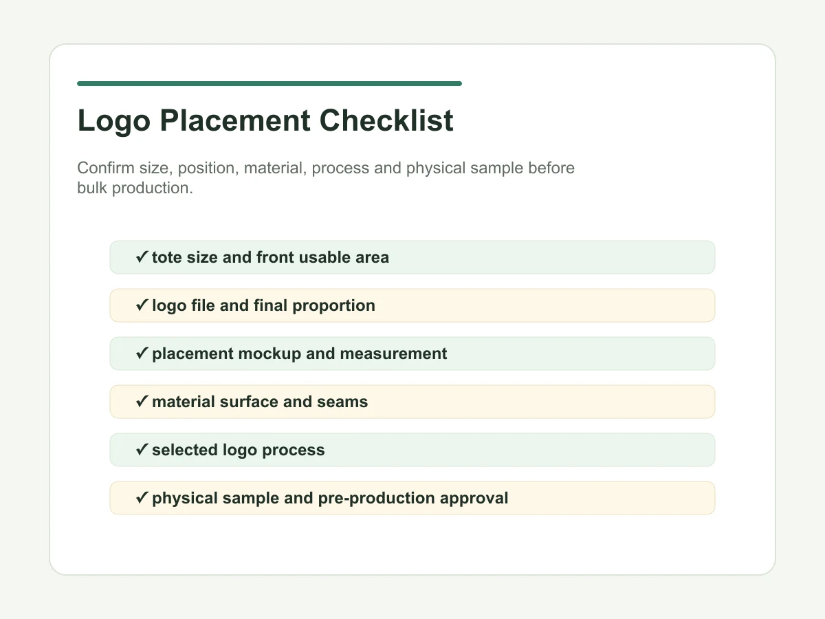 Logo placement checklist before custom tote bag sampling