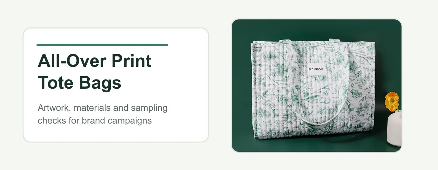 All-over print tote bags for brand campaigns