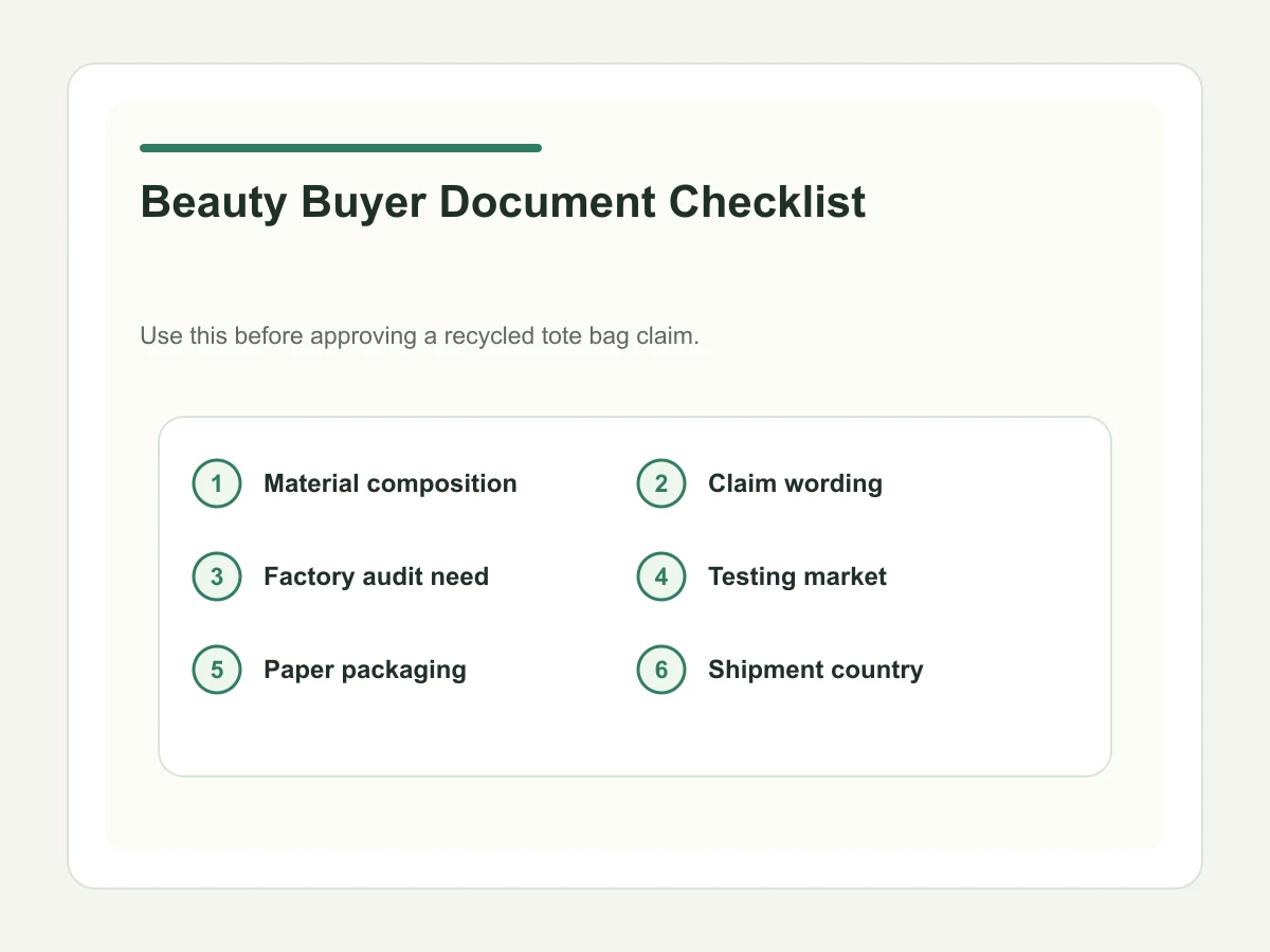 Beauty buyer document checklist for recycled tote bags