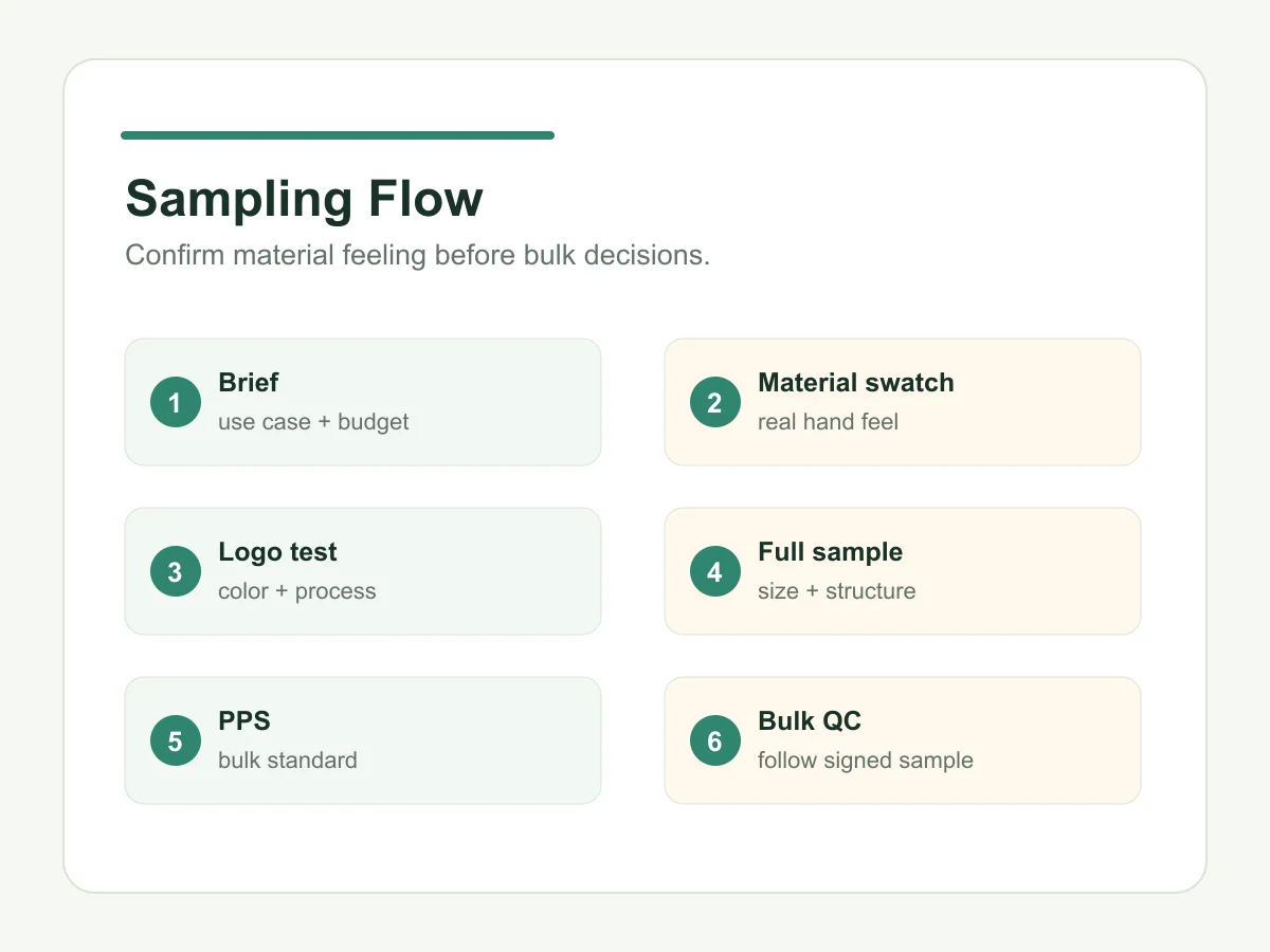 Bamboo fiber tote bag sampling flow from brief to pre-production sample