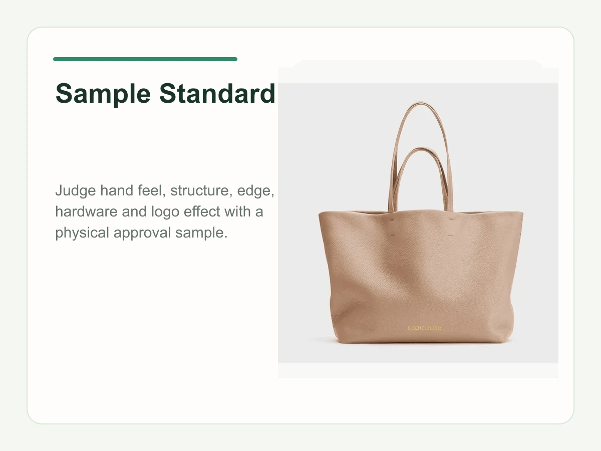 Vegan leather tote sample standard for production approval