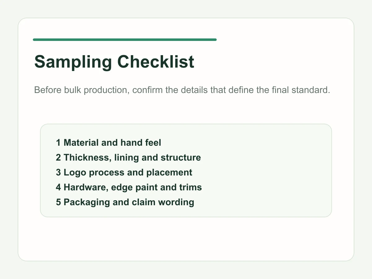 Vegan leather tote sampling checklist before bulk production