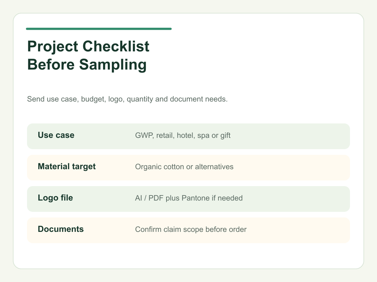 Organic cotton tote project checklist before sampling