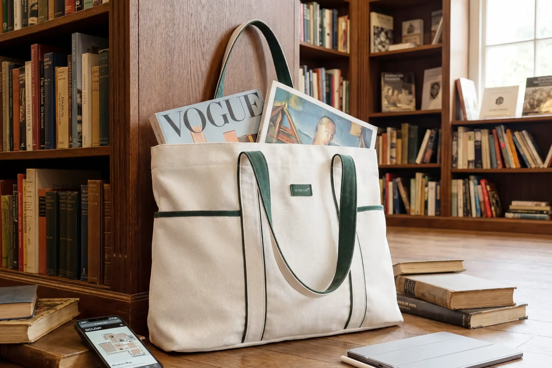Canvas tote display for museum and bookstore retail programs