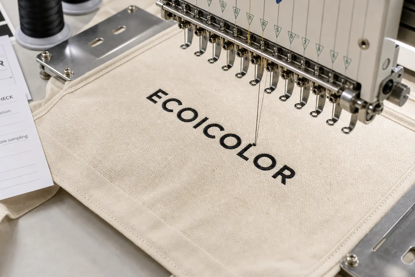 Embroidery logo detail for custom tote bag projects