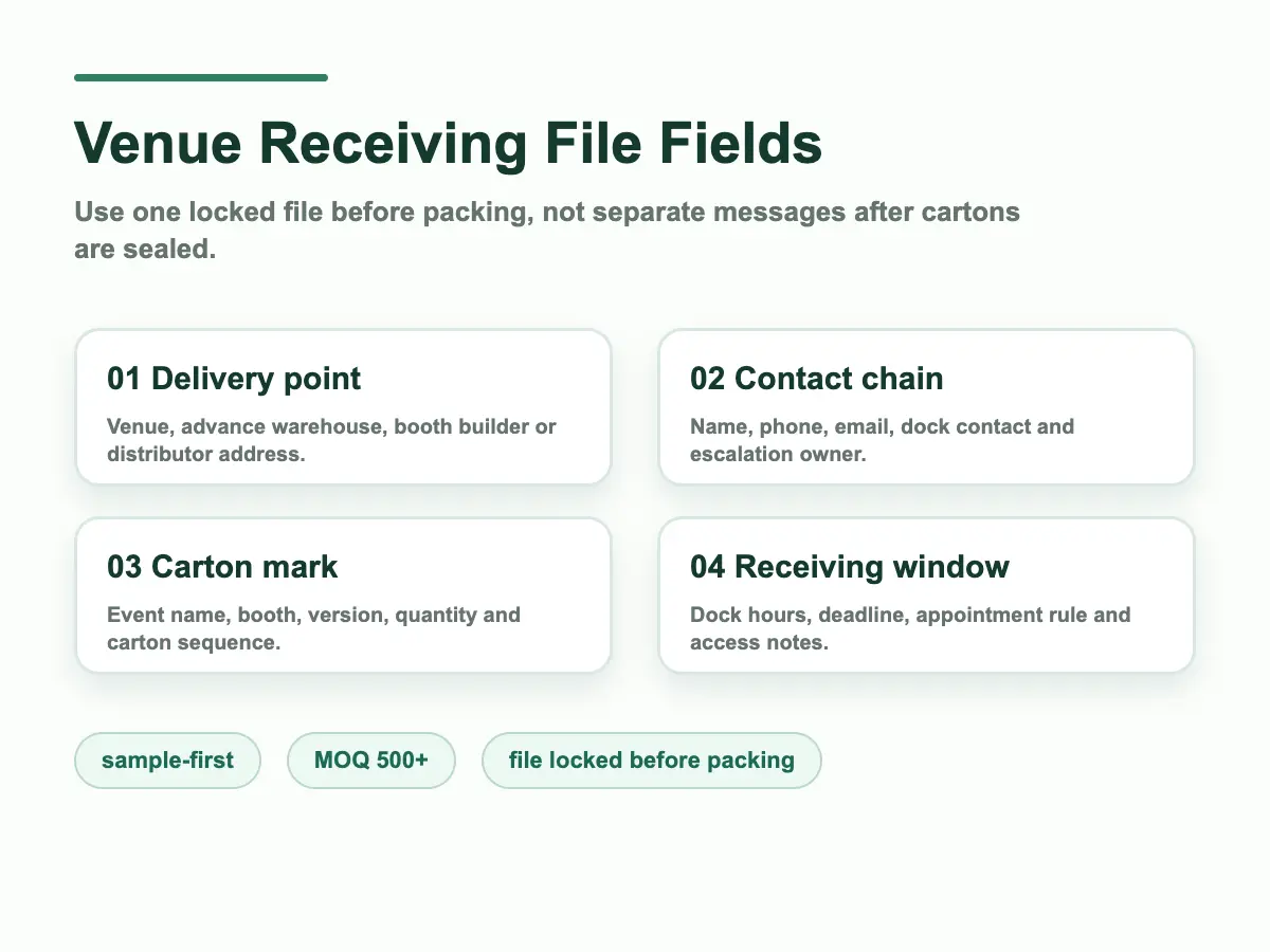 Event tote venue receiving checklist fields for carton and address control