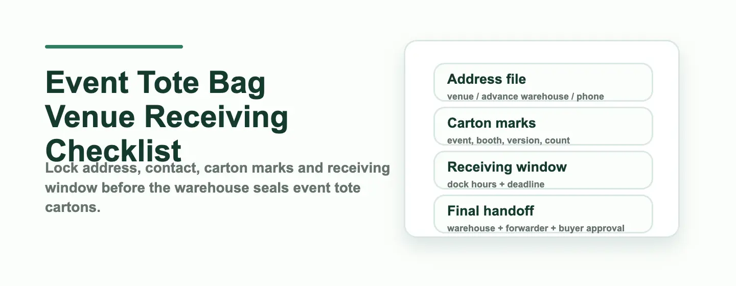 Event tote bag venue receiving checklist for brand buyers