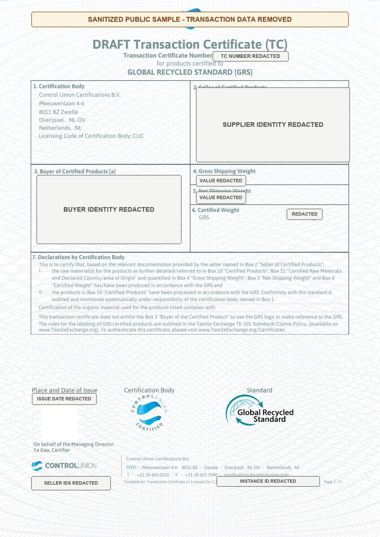 Sanitized public Transaction Certificate sample with transaction identifiers and parties removed