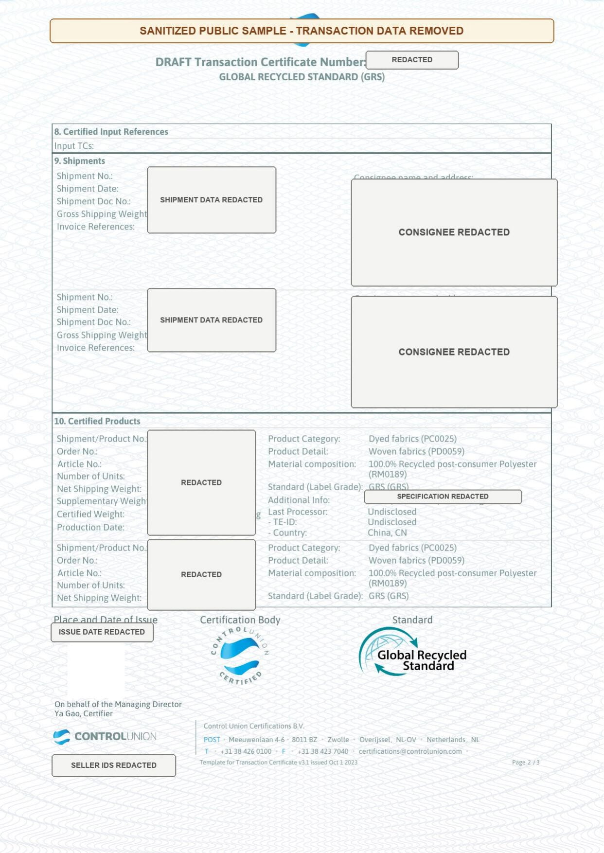 Sanitized Transaction Certificate product detail page showing generic material and product structure
