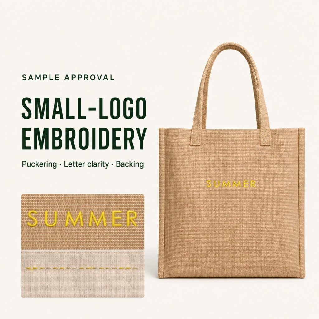 Embroidered tote sample check for small logo clarity and puckering
