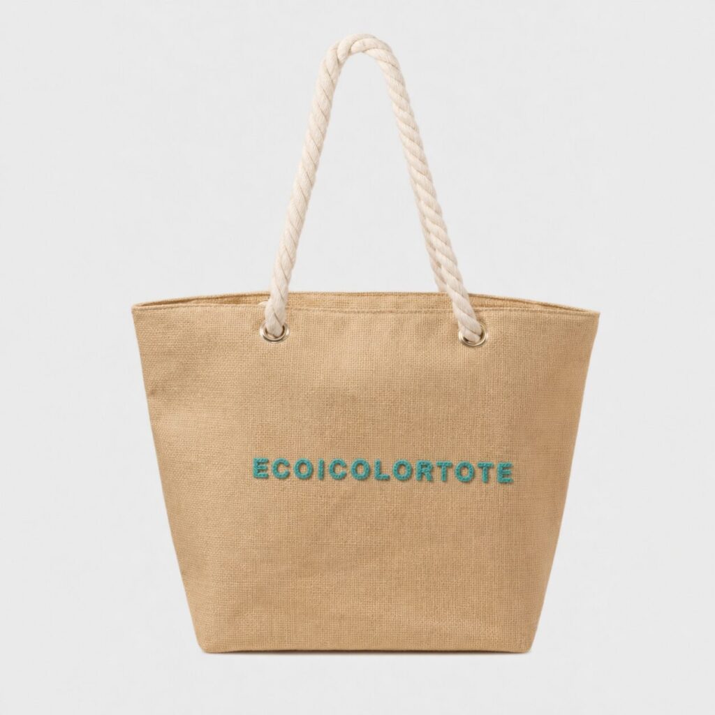 Privacy-safe jute tote sample with rope handles for open-weave side seam approval