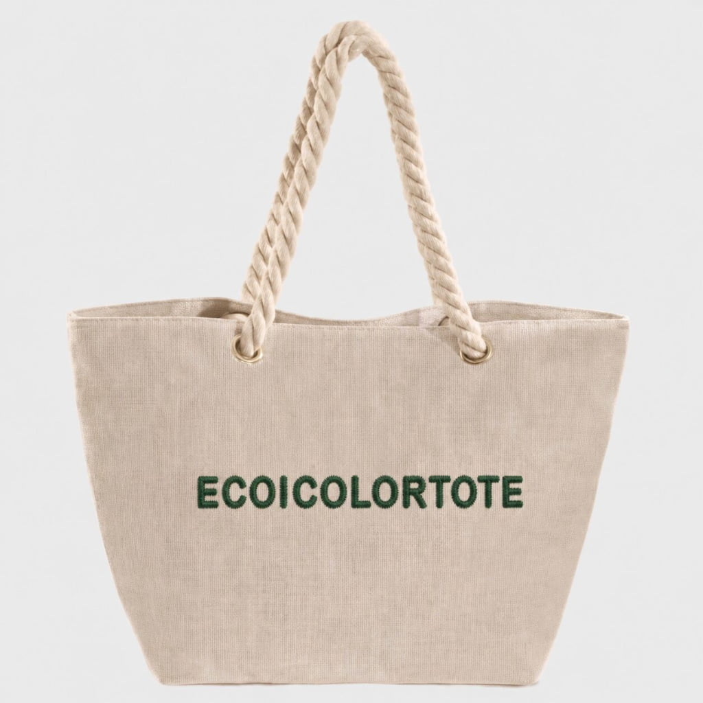 Privacy-safe jute tote with single-color embroidered Ecoicolortote wordmark