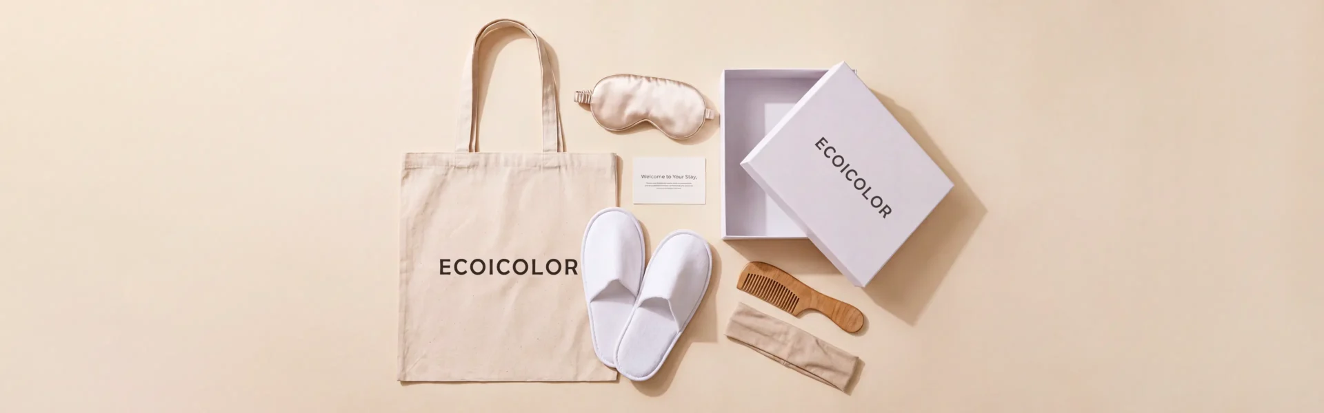 Hospitality welcome kit planning layout with tote, spa slippers, sleep mask, welcome card and packaging